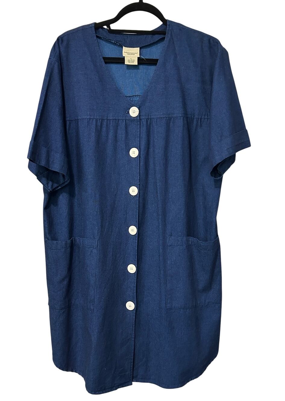 Vermont Country Store Indigo Cotton Button Front Tunic Dress Duster Pockets LG